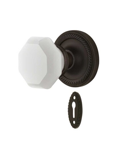 Rope Rosette Mortise Lock Set with Milk White Waldorf Crystal Glass Knobs in Oil-Rubbed Bronze.